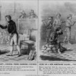 Hoppin, Augustus & Strong, Thomas. "Scene in a New Hampshire court.--General Pierce examining a witness. Scene in a New Hampshire village.--Pierce the good Samaritan." 1852. Summary: Two humorous incidents supposedly from the life of Franklin Pierce. On the left, a repartee wherein Pierce, the distinguished trial lawyer, is embarrassed by an ignorant witness. Armed with pages of notes, Pierce addresses the witness accusingly, "You are sworn to tell the truth, Sir, and how dare you say you carried that bureau out of the house, without assistance, when you know it takes three men to lift it?" Behind Pierce is a chair, several books on the floor beside it, and a table with several more volumes. The witness is on a small stand at left, with a spittoon on the floor before him. The witness replies, "Wal, General, I "did" carry that bureau without help, and I did'nt faint either, as you did, before that battle in Mexico." He refers to the Battle of Churubusco in the Mexican War when Pierce, weak from a wound suffered in a previous encounter, fainted and was carried from the field. According to the text below, the witness's response is followed by "Laughter in the court," and "Pierce sits down in confusion." Behind Pierce is a row of amused spectators or jurors. Above them, on the far wall, is a large statue of Justice. At right is a high bench with two men, probably the judge and recorder. The second scene takes place on a cobblestoned street. On a pile of rocks at left sits a wailing urchin, behind whom stand three other ragged boys with candy sticks. On the right stands Franklin Pierce, reaching into his pocket with a look of concern on his face. Pierce: "Hallo, boy what are you crying about?" Boy: "them three boys is a eating sticks of candy, and I've no money to buy any. Hoo! Hoo!" Pierce: "I swow that's a hard case. See, boy, you're a stranger to me but I've a benevolent heart and cannot bear to see any one in distress without helping them. So, here's a cent for you, buy a stick of candy and remember to vote for Pierce, if ever he is nominated for President."