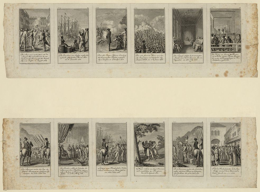 Scenes from events and battles leading up to and during the American Revolution, 1775-1783, as depicted in 12 illustrations