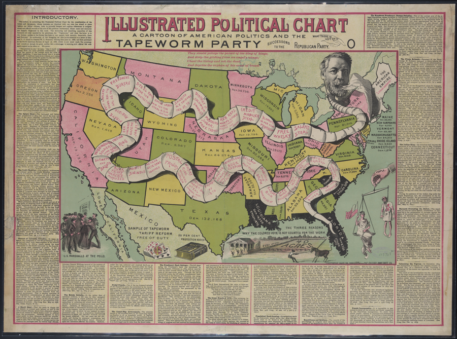 Illustrated political chart, a cartoon of American politics and the Tapeworm Party