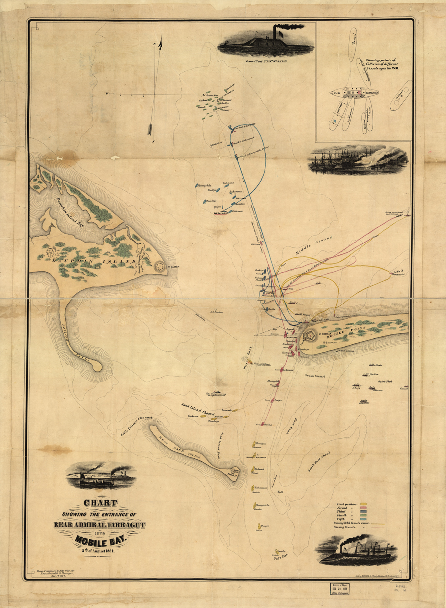 Chart showing the entrance of Rear Admiral Farragut into Mobile Bay 5th of August 1864