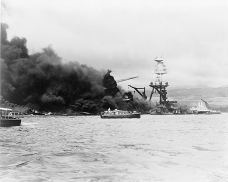 USS Arizona, at height of fire, following Japanese aerial attack on Pearl Harbor, Hawaii