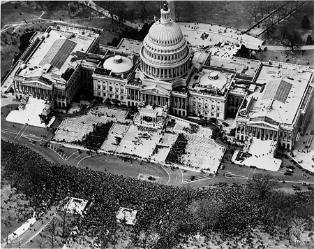 Aerial view of U.S. Capitol and crowd on the grounds of the east front of the U.S. Capitol, during the inauguration of Franklin Delano Roosevelt, March 4, 1933