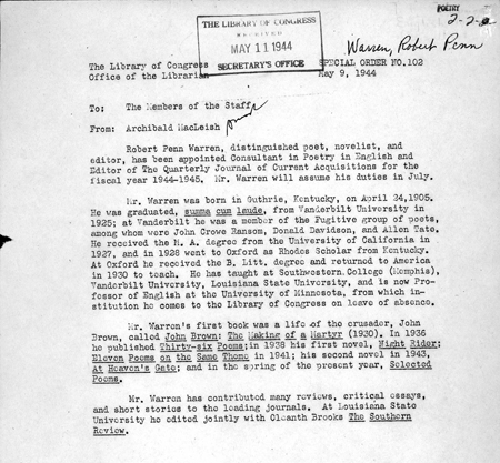 Special Order No. 102, Office of the Librarian, Library of Congress, May 9, 1944