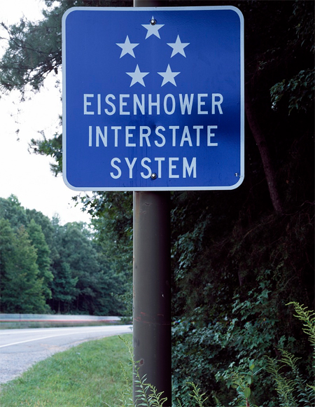 Sign for the Interstate Highway System, saluting President Dwight Eisenhower, who initiated the system in the 1950s