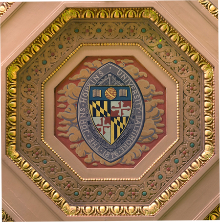 Ceiling detail, the Johns Hopkins University seal, at the William H. Welch Medical Library, the library of the Johns Hopkins Hospital