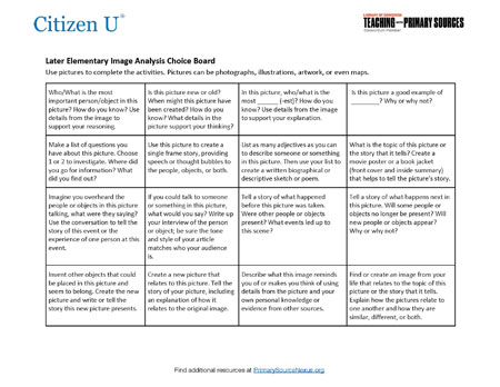 Analyzing Primary Sources: Later Elementary (3-5) Image Analysis Choice Board