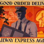 Advertisement for Railway Express Agency featuring car and delivery man