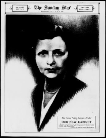 Portrait of Frances Perkins in Evening Star Newspaper announcing her as the new Labor Secretary
