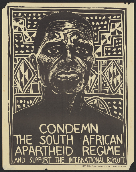 Poster of a man with the words: Condemn the South African Apartheid Regime and Support the International Boycott